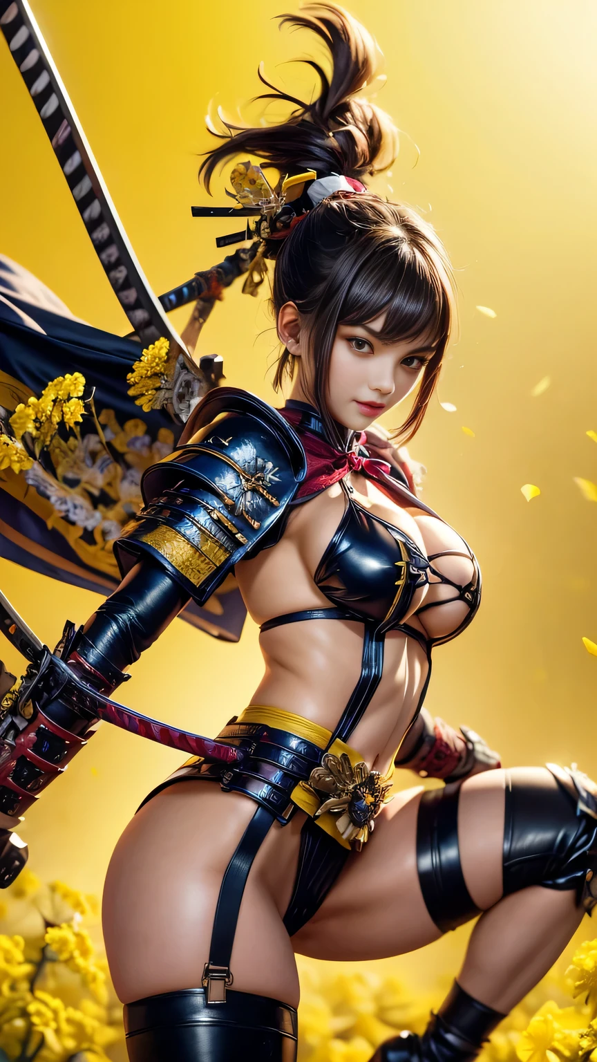 young woman,Oiran,warrior,(wielding a huge_weapon:1.3), very detailedな, realist,(seductive smile),(from front:1.6),(battle pose:1.8), Brilliant Appearance ,extremely detailed, Imaginative,sensual ,of the best quality, skin texture,(Short hair:1.8),(black hair:1.3),muscular,(huge breasts:1.3),(underboob:1.3),(yellow Samurai armor:1.8),(black cloak),(gypsy skirt),garter belt,black tights,absolute region with to,intricate details being spied on ,dynamic lighting,(yellow background:1.6),(Canola Flower Confetti:1.3),(flowering canola flower geranium:1.4), RAW photos , 8k, masterpiece, of the best quality,Ultra Detailed,very detailed, intricate details being spied on ,high definition,超intricate details being spied on,very detailed 8k cg wallpaper,