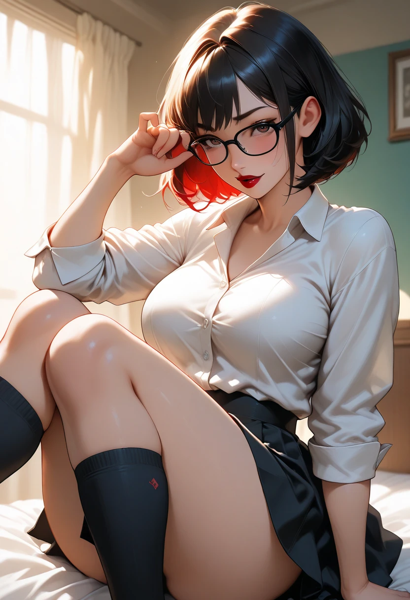 ((Sarada Uchiha)) ((boruto))Asian girl with short hair ((red blouse opening)) and glasses and a black miniskirt very short at the waist showing her panties to the side and with thick thighs and wide hips seducing and sticking out her skinny ass sexual pose (very wet) and with a seductive face