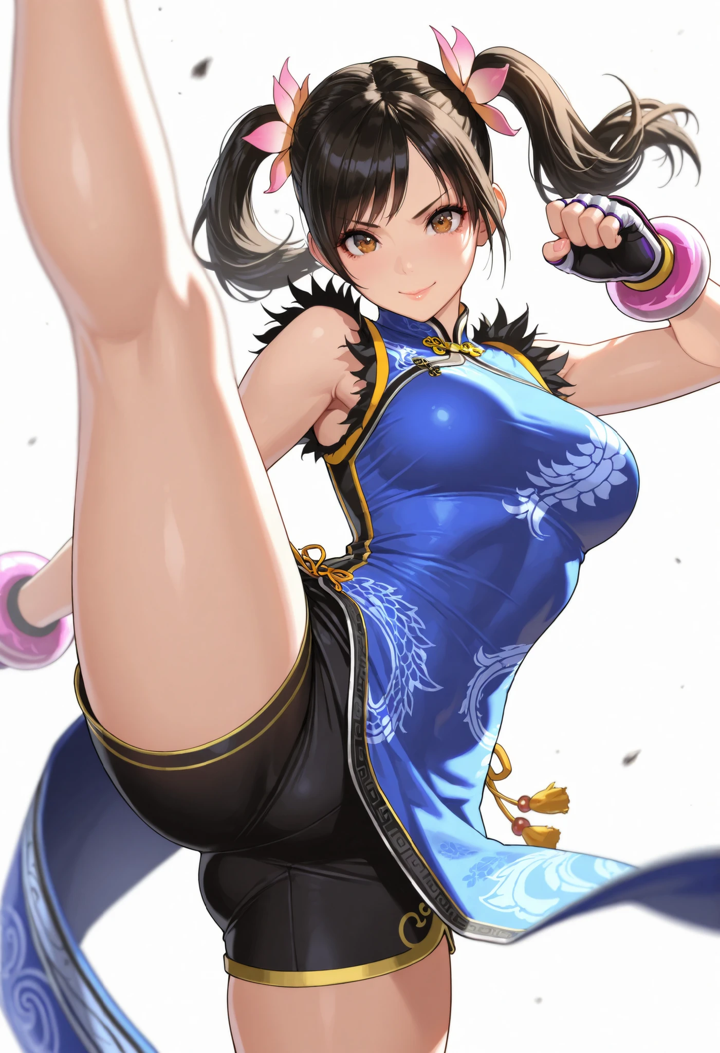 1girl, Chun Li, standing in a fighting stance, fists raised, (((brown hair in twin hair buns))), (((ribbons in hair))), (((Blue chinese dress))), (((brown pantyhose))), big boobs, big muscular thighs, perfect body, sweat, spiked bracelets on both wrists, abs, full body photo, in dojo at sunset, red lipstick, black eye mascara,