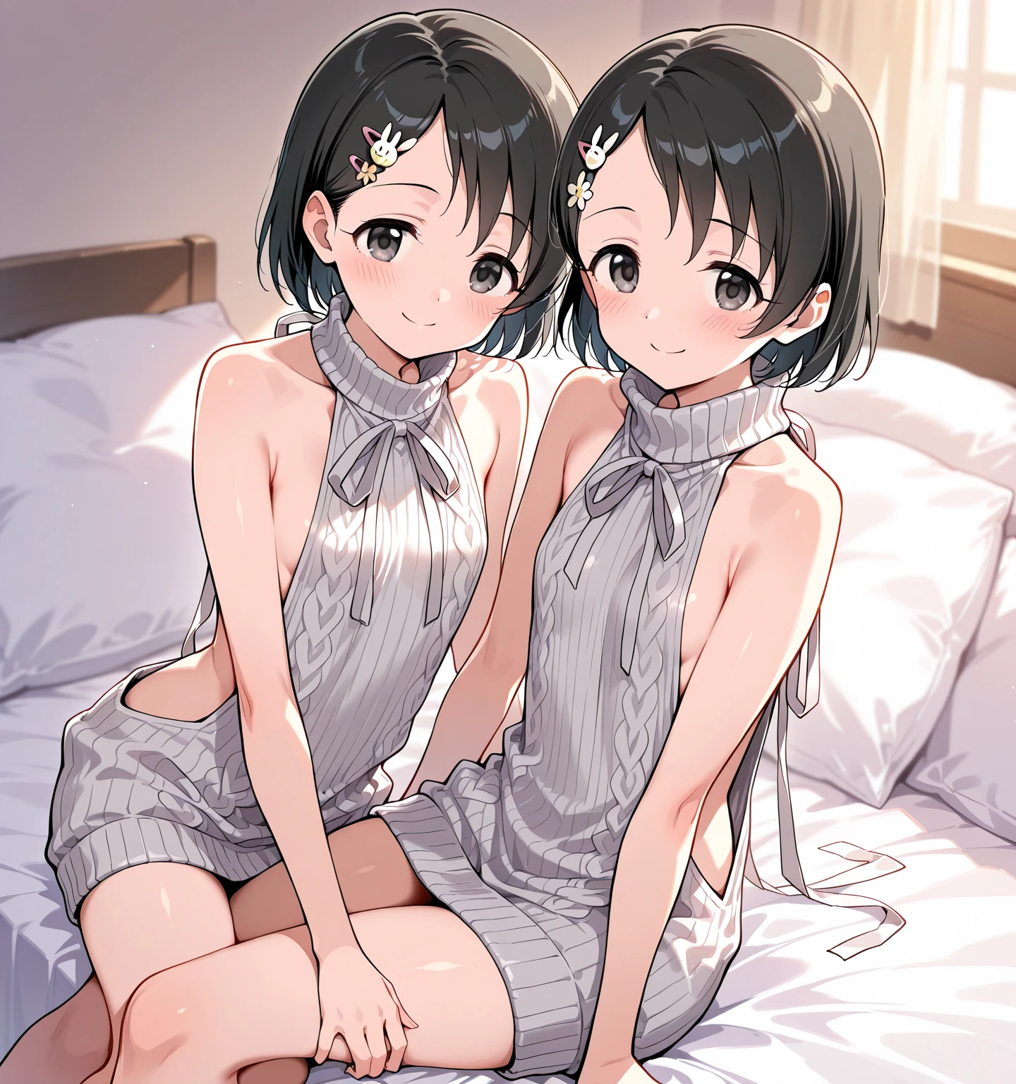 Two cute and adorable girls in the dormitory, The first girl has long hair, Black Hair, Straight Hair, Wearing a camisole,smile, Leaning forward, The second girl has a bob haircut., Gray Hair, Fluffy curls, Wearing a pink bra top, smile, Leaning forward, The place is a bedroom, morning, Sun light