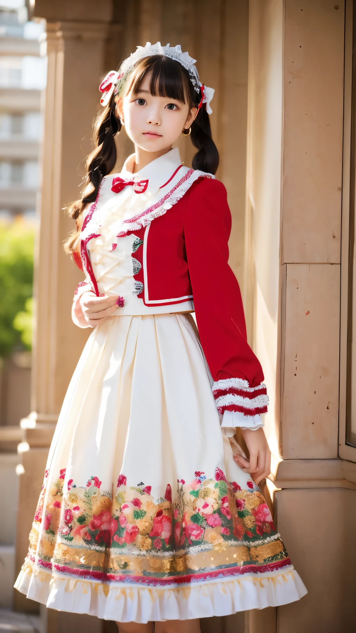 ,,highest quality, masterpiece, highest resolution, artwork, super それにget used to it, many get used to it, get used to it, それにget used to it, 3k realistic pictures,((ten years old Japanese girl:1.0)),((short body height:1.0)),Ultra-detailed juvenile face,((european formal ceremony clothes)),((Clothes decorated with ribbons and frills)),ta fashion,red short blazer,frilled white blouse,((Medium round hoop skirt)),Red Ribbon on the chest,long sleeves,frilled sleeves,Ribbon hair ornament,straight long hear,