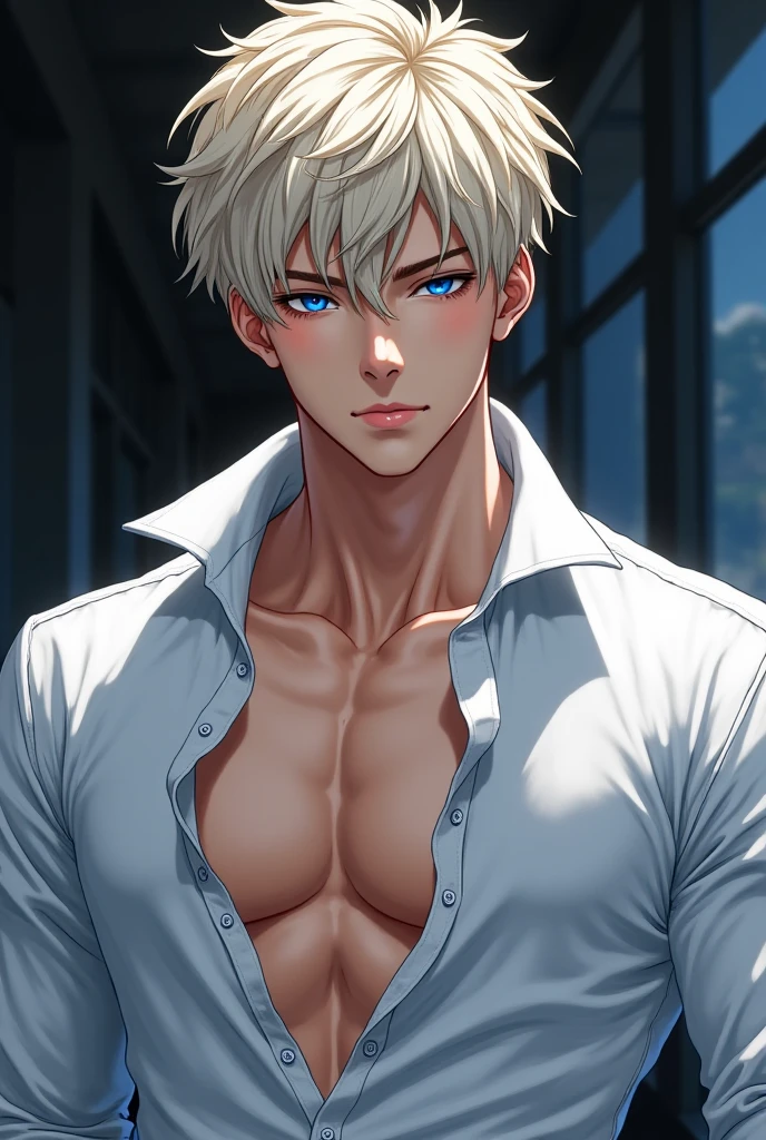 1 male, high resolution 8k, adult, handsome, perfect face detail, detailed eyes and face, clean shaved, sixpack realistic, white eyebrow hair, white eyelashes, dynamic lighting, unreal engine, hd picture, satoru gojo, Jujutsu kaisen, white hair, short hair ,hair between eyes ,blue eyes, white skin,
