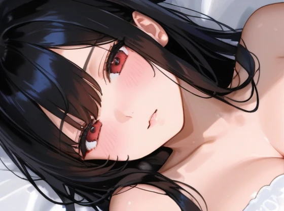 Yamamura Sadako has long hair, red eyes, hair covering eyes, red face, white clothes, smile, big breasts breast enlargement, full-body shot at home, looking at the camera