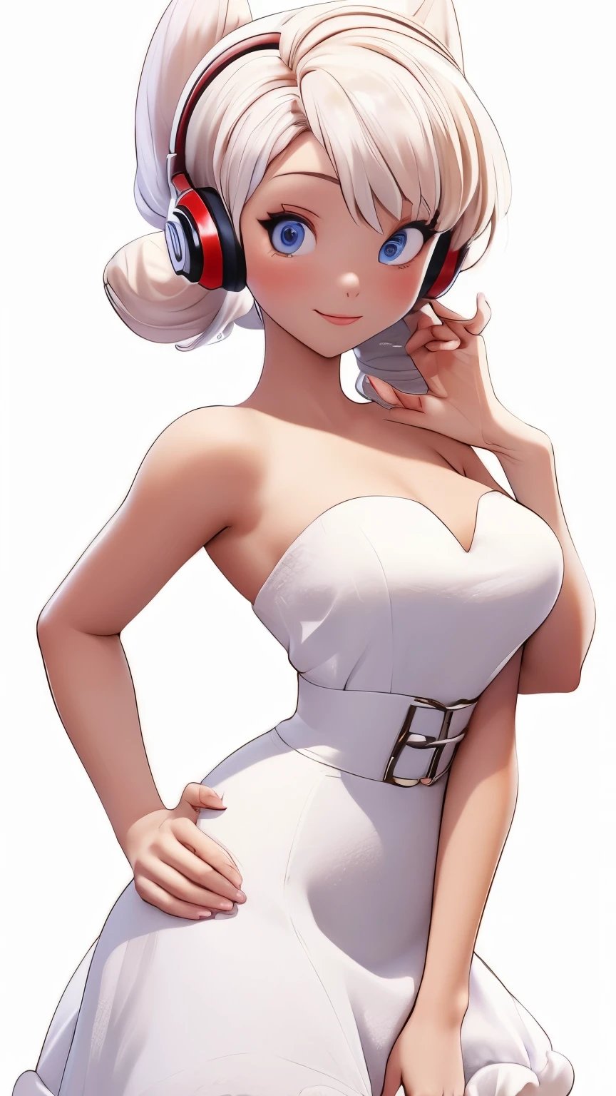 (1 girl, Alone, Masterpiece, 4k, Best Quality:1.2, (cowboy shot), Best Quality:1.2, good hands, showy, (perfect hands, perfect anatomy)),
utaop, headphones,blush, White dress, fur over one, red and white hair, multicolor fur, High average,
((medium breasts, big hips, looking at the viewer)),
((simple background, White background)),