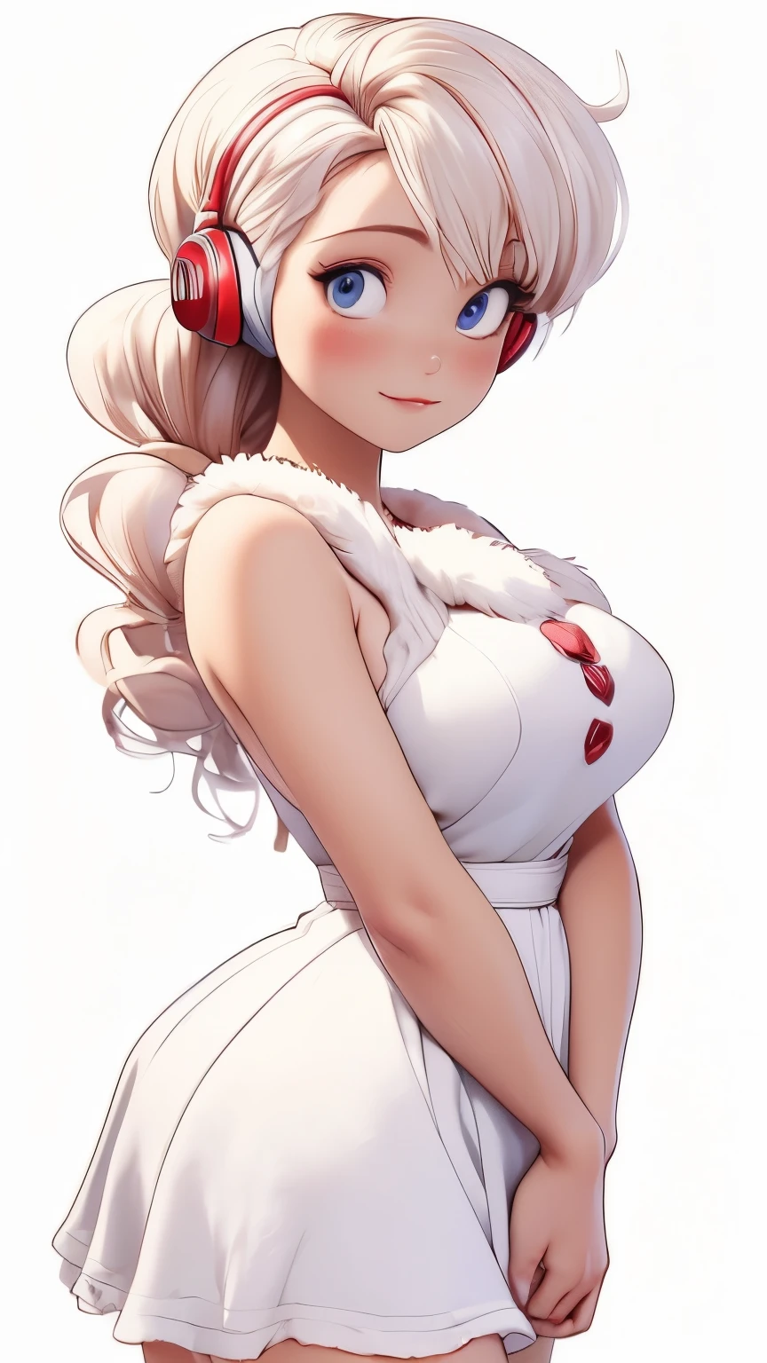 (1 girl, Alone, Masterpiece, 4k, Best Quality:1.2, (cowboy shot), Best Quality:1.2, good hands, showy, (perfect hands, perfect anatomy)),
utaop, headphones,blush, White dress, fur over one, red and white hair, multicolor fur, High average,
((medium breasts, big hips, looking at the viewer)),
((simple background, White background)),