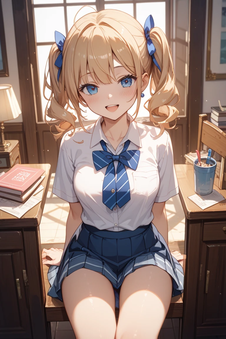 nsfw,High resolution、High resolution、high quality、masterpiece、1 female、Ellen Baker、School classmates、18-year-old、blonde、blue eyes、School classroom、sitting on desk、Squatting pose、attractive way to sit、Cute pose、blackboard、smile、((Head to toe))、((Close-up of a woman))、(((school uniform))),((White Shirt)),((Blue Neck Ribbon)),((Pleated skirt))、Black knee-high socks、White knee-length loose socks、loafers,show panty,Yellow-green panties、Award-winning design panties、((I was made to sit with my legs apart...))