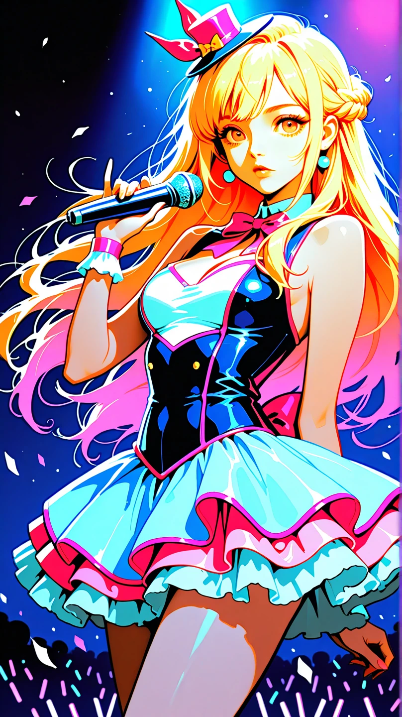 (masterpiece, best quality, highres), Vibrant and energetic idol unleashing her power, striking a dynamic pose with one arm up in the air, surrounded by a rainbow aura and dazzling stars, extraordinary costume with sparkling sequins and feathers, long hair flowing in a multitude of neon colors, in a futuristic neon cityscape with a lively bokeh effect, shot in high definition quality<hypernet:suzukaStyre_16000:1>