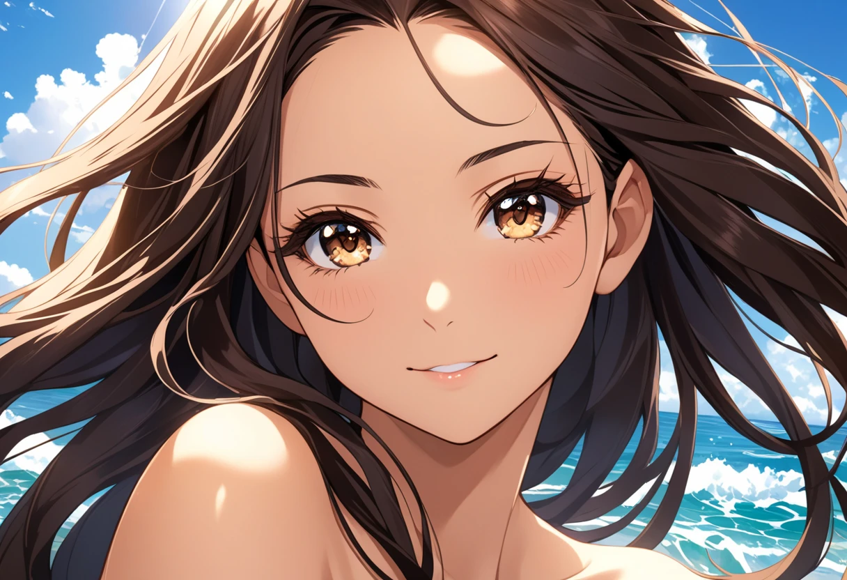16 year old girl with a realistic smile、(Detailed face, Perfect Face, Perfect Eyes, Realistic eyes),bikini、Emphasize cleavage、sexy brown skin tone、Sexy pose、Tropical Beach