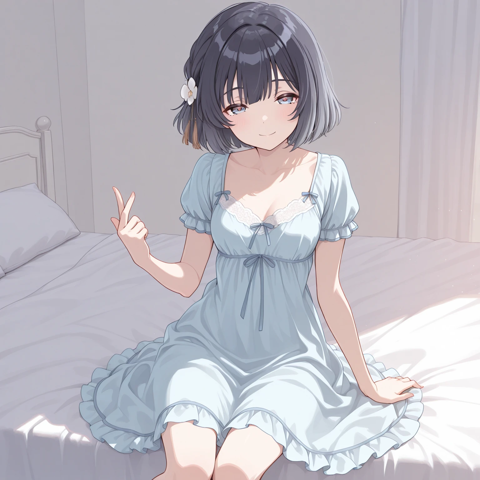(girl with、Gamine、A dark-haired、short-hair、straight haired、hair adornments、Both eyes are closed、small tits、cute face)、masterpiece、top-quality、a bed、Pajamas、Are sleeping