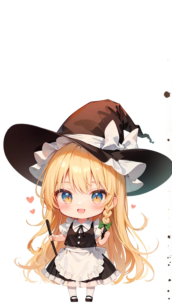 cartoon girl with a big hat and a big wand, kirisame marisa, kirisame marisa from touhou, marisa kirisame, small curvy , with a weird hat, witch girl, she is wearing a hat, loli an anime style, touhou character, from touhou, character with a hat, with hat, wearing a witch hat, (Masterpiece), (best detail), (Best quality), castle, manor, ((2d anime)), (((Maid outfit))), (((Flat coating))), headdress, Headband, frill skirt, maid apronl, Black shirt, Neckline with bow, (((bow-knot))), (Maid uniform: 1.1), Blush, Young and good-looking, happy