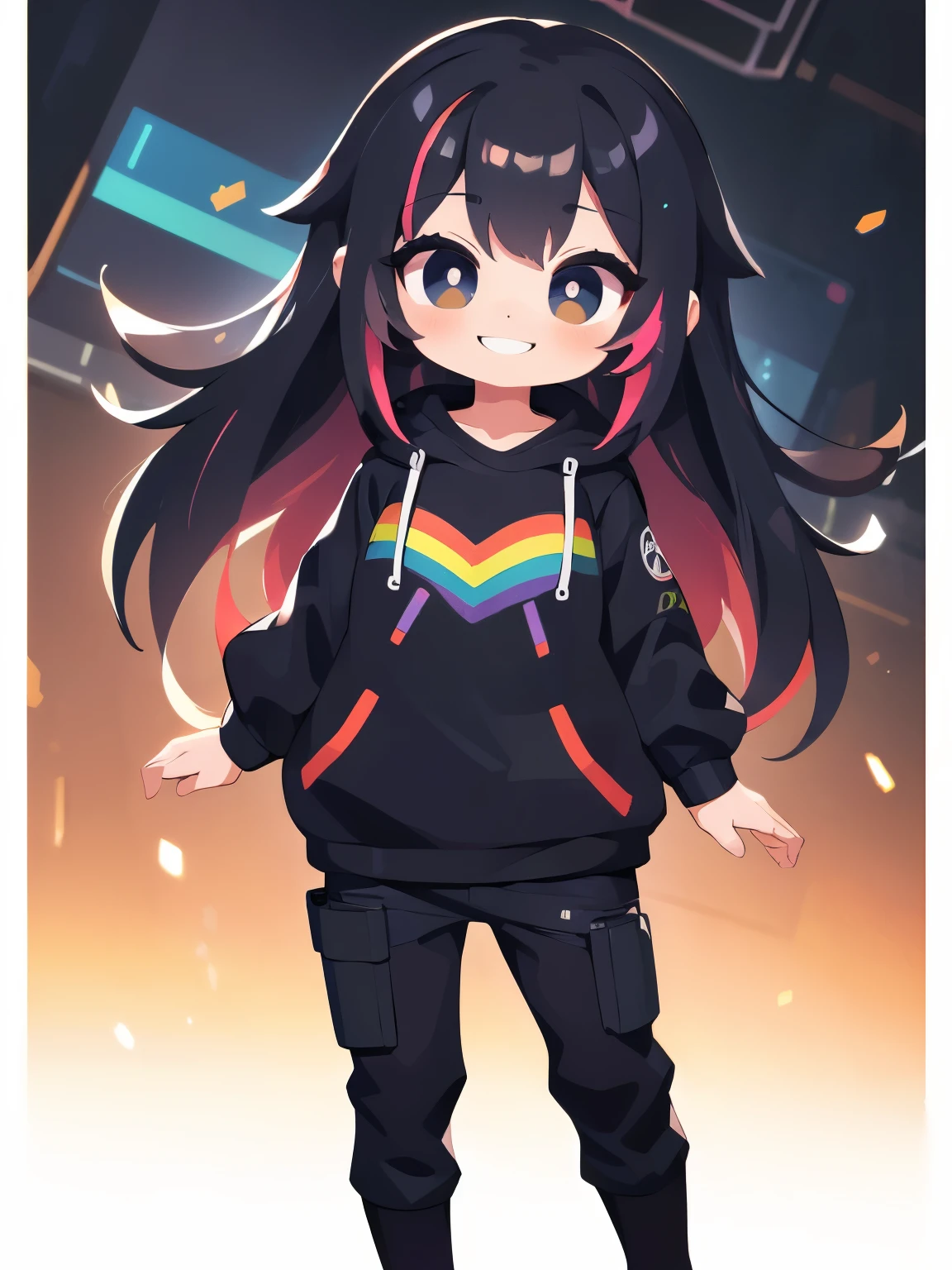(best quality, ((masterpiece)), Detailed Eyes, 8K resolution,detailed clothes),1 woman,3d,chibi,(black with rainbow colored hairs),long straight hairs,black eyes,tech wear,smile,pants(dystopia)