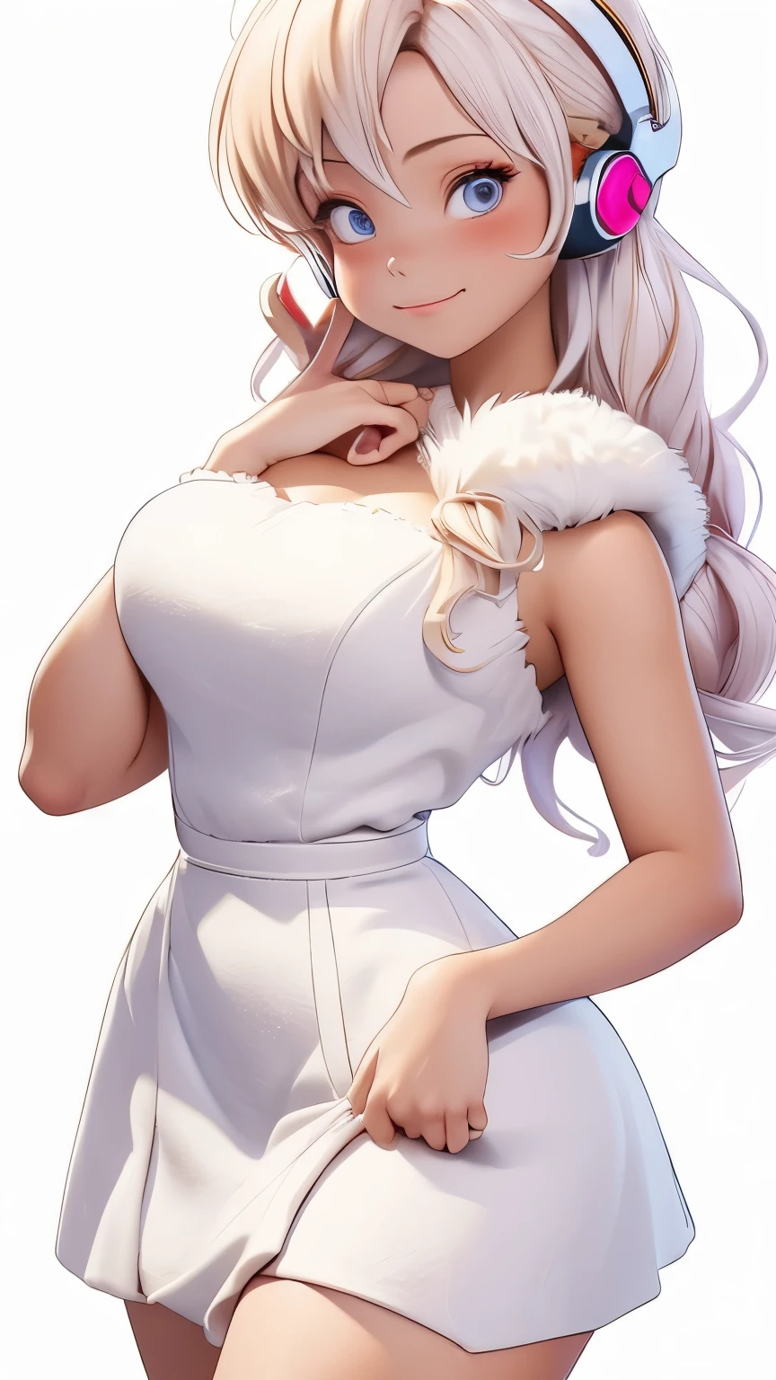 (1 girl, Alone, Masterpiece, 4k, Best Quality:1.2, (cowboy shot), Best Quality:1.2, good hands, showy, (perfect hands, perfect anatomy)),
utaop, headphones,blush, White dress, fur over one, red and white hair, multicolor fur, High average,
((medium breasts, big hips, looking at the viewer)),
((simple background, White background)),