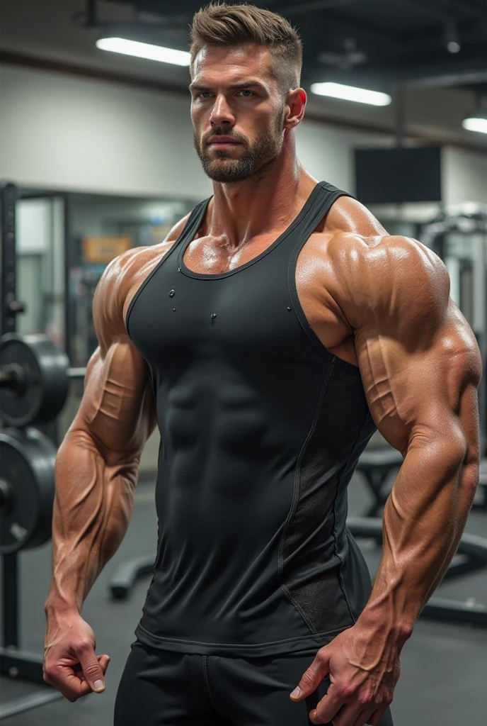 Handsome tall masuculine bodybuilder 30 years old INDIAN JAAT with huge bulge doing shopping in supermarket weared Gym tank with running shorts shaker tumblr in hand, wrist indian band
