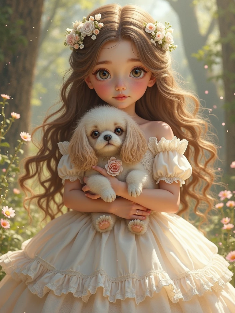 Little baby girl with Brown Curly hair and beautiful Brown eyes in a princess dress with small White maltese dog in her arms