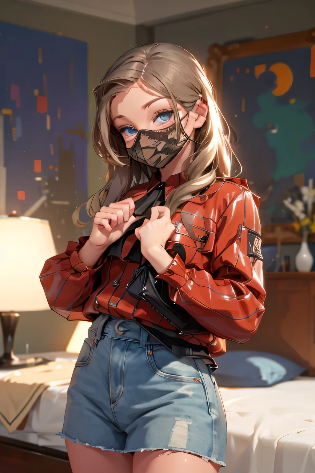 beautiful brown-haired girl . 29 ren . Blue eyes . chest size 4 . She's standing naked in her bedroom . on the face mask .