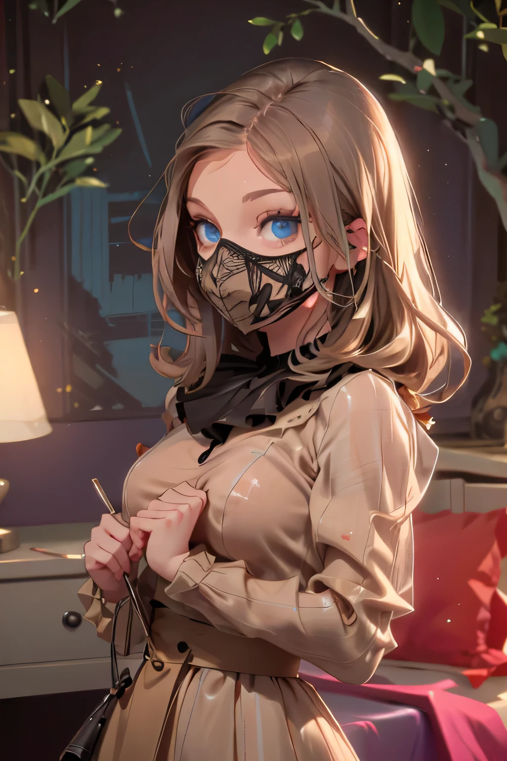 beautiful brown-haired girl . 29 ren . Blue eyes . chest size 4 . She's standing naked in her bedroom . on the face mask .