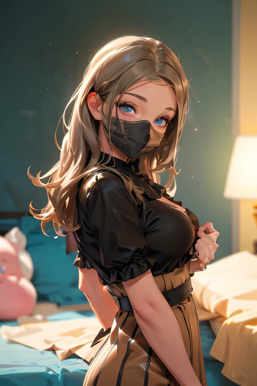 beautiful brown-haired girl . 29 ren . Blue eyes . chest size 4 . She's standing naked in her bedroom . on the face mask .