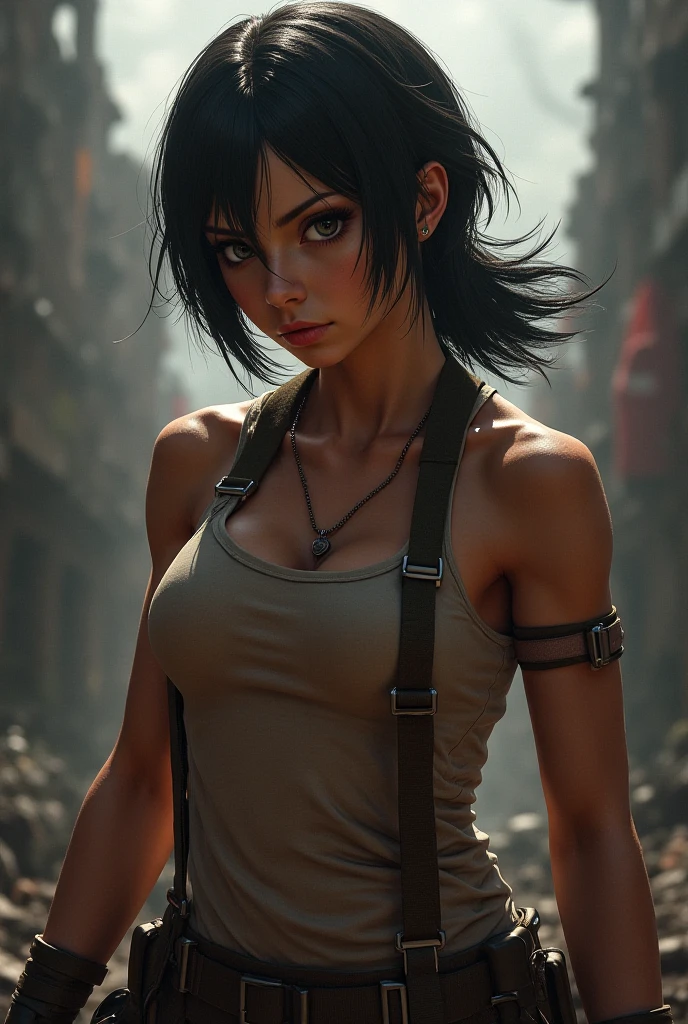Full length view, survival girl, desert, lightning, tanned skin, tank top, manga style, mysterious, torn clothes, green eyes, perfect face, messy black hair, real skin, whole body, perfect soft impressionist composition, big reflective eyes , dramatic, insanely detailed, 4k resolution, cinematic, dramatic atmosphere, surround lighting, cinematic lighting, studio quality