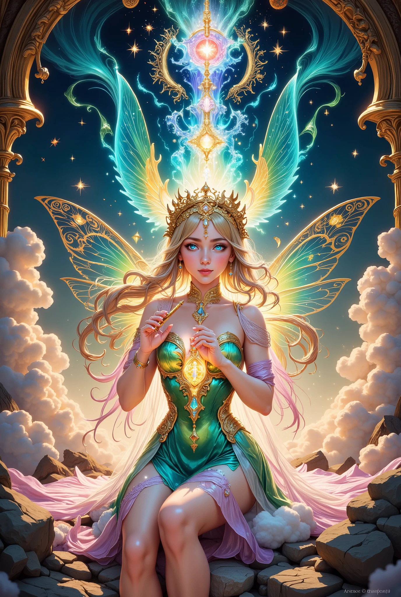 Gibraltar, a complex pattern of gold and iron, shimmers with incredible iridescence, hovers in the center of the composition. around him, like lightning, magical runes whirl, painted out sparkling, fiery light. On a small, fluffy cloud, as if from cotton candy, sits a beautiful fairy with wings, like opal ones butterflies. Her ivory skin, hair — a waterfall made of liquid gold, falling on her shoulders. she is 20-25 years old, eyes — sky blue, full of calm and magic. She plays an elegant flute from polished rose quartz, extracting a melody, which, like flowing light, shimmers into the mystical stone, расположенный у подножия Gibraltarа. The fairy outfit is light, flowing, like rain from petals, emerald fabric, , embroidered with pale pink and silver threads. The fairy pose is graceful, hands smoothly lead the melody, body slightly leaned forward, is like she's fascinated by her own. Muted light , soft, creates an atmosphere of magic. Warm tones predominate: golden , Emerald, pink, game interspersed with cold blue light from the runes. fantasy style , 8k resolution, . The highest quality detail, perspective — slightly below, акцент на фее и Gibraltarе. The focus on the play of light and shadow, подчеркивая текстуру металла Gibraltarа и нежность ткани платья феи. The atmosphere is fabulous, mesmerizing, full of magic and tranquility.