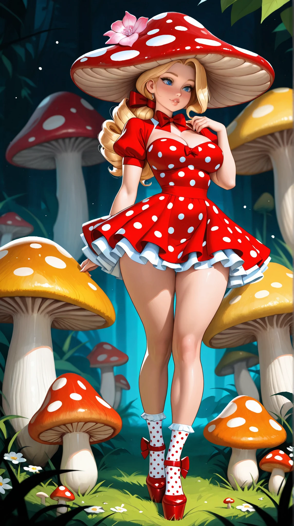 (masterpiece:1.2, best quality), (finely detailed beautiful eyes: 1.2 Snow White sitting on a giant red topped mushroom with white spots on it. Snow White has large breasts straining the fabric of her dress. She is extremely sexy with large ruby red lips. Pouty Lips
