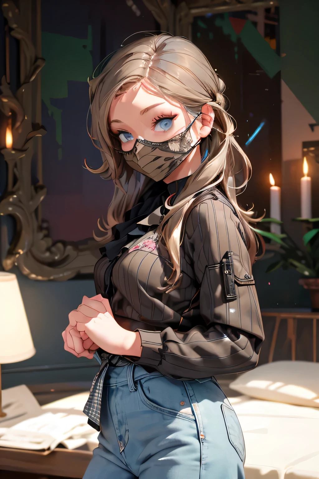 beautiful brown-haired girl . 29 ren . Blue eyes . chest size 4 . She's standing naked in her bedroom . on the face mask .