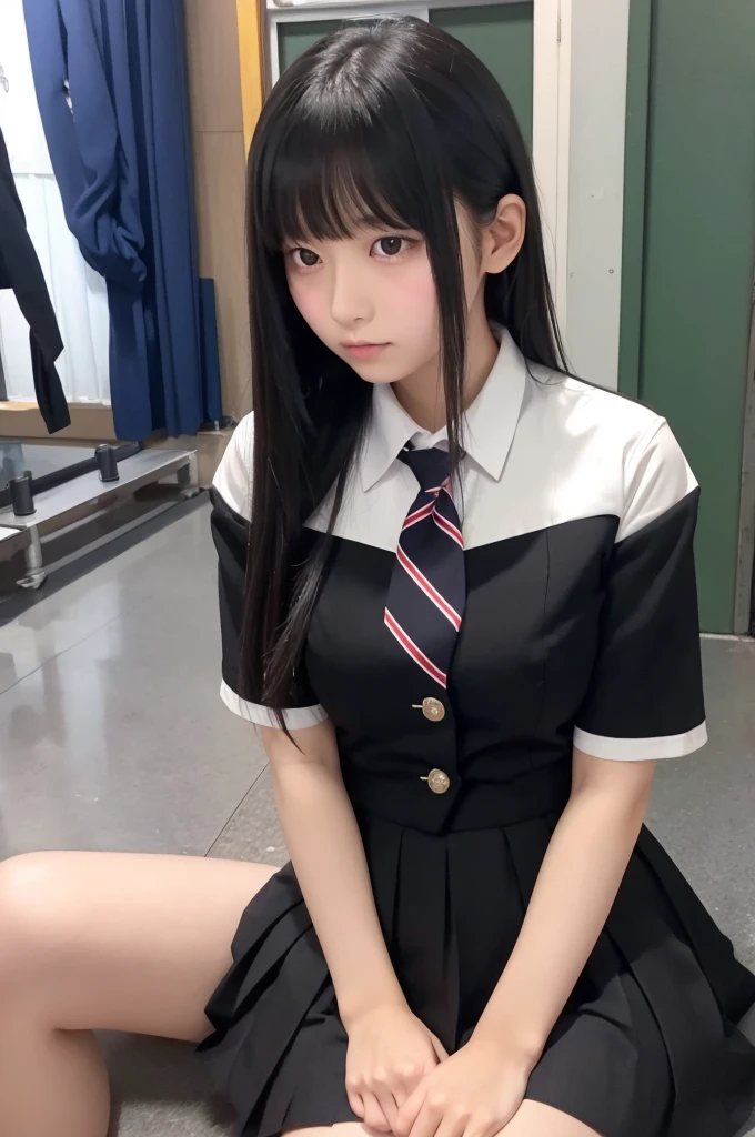A shy 16-year-old high school girl with long black hair wearing a school uniform.