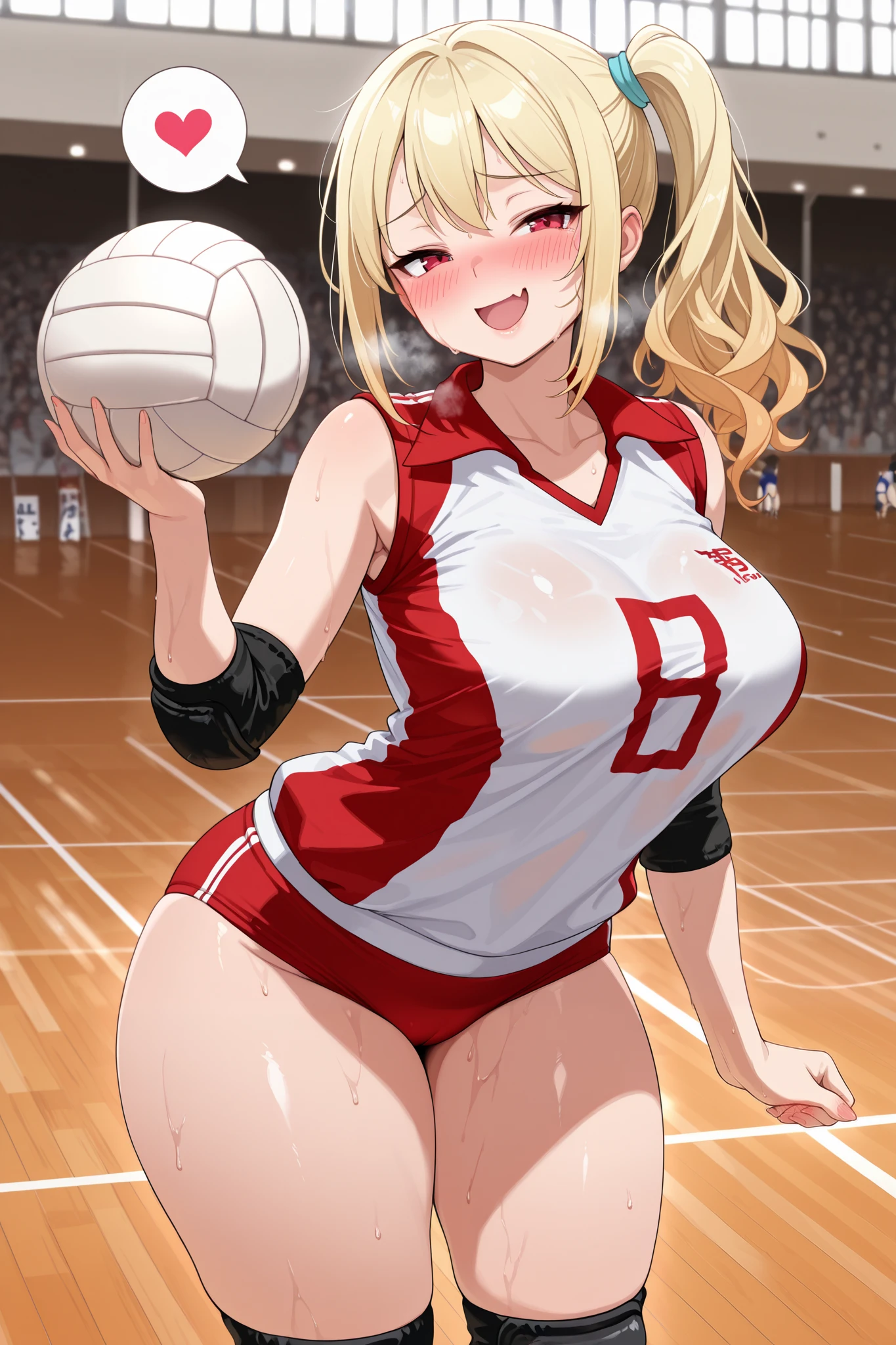 Yang xiao long , long blonde hair, purple eyes, large breasts, slim body, thin legs, best quality, masterpiece, detailed,2d,flat color, 1girl,18yo,petit,grin,nude, public park, outdoor basketball court, jumping, bouncing breasts, wet body, wet hair, playing basketball, slam dunk, red sneakers,