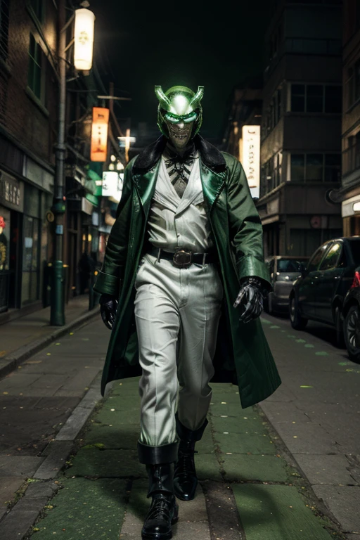 A light green Kamen Rider with a dragon motif holds a card in his hand and fights in the city at night