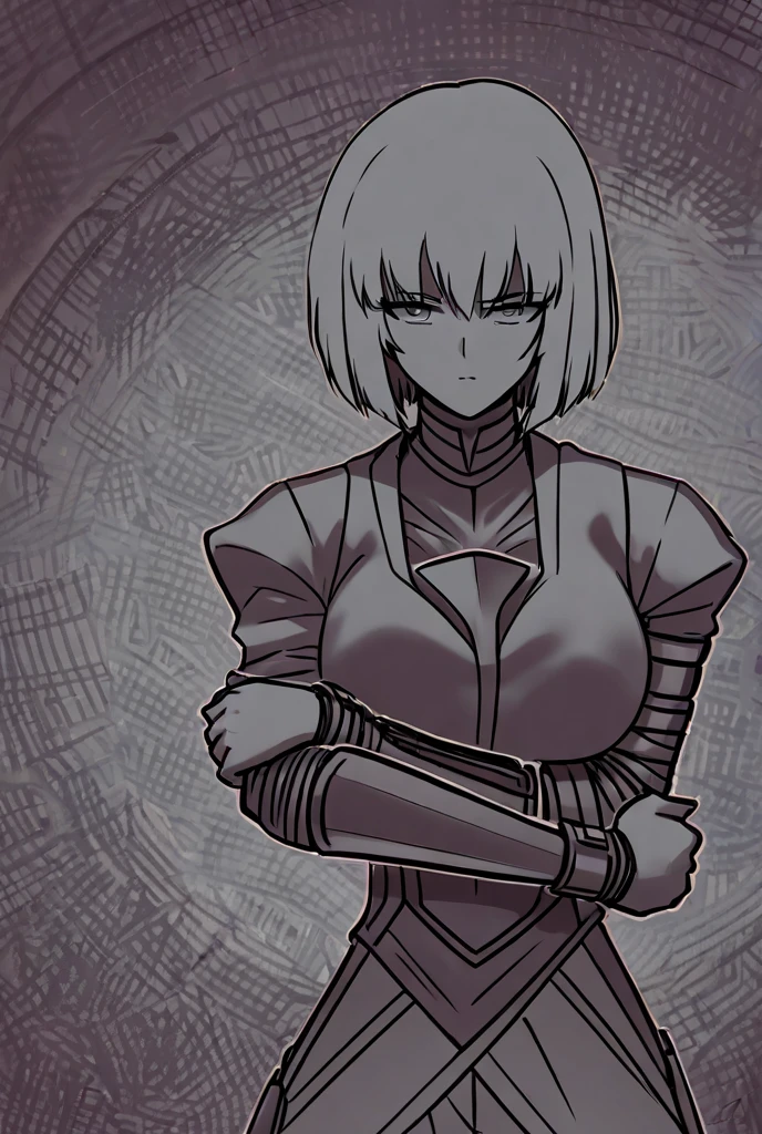 Women in armour with angry expression and like looking at something disgusting , looking down at ground, view from Down, black and white manga image