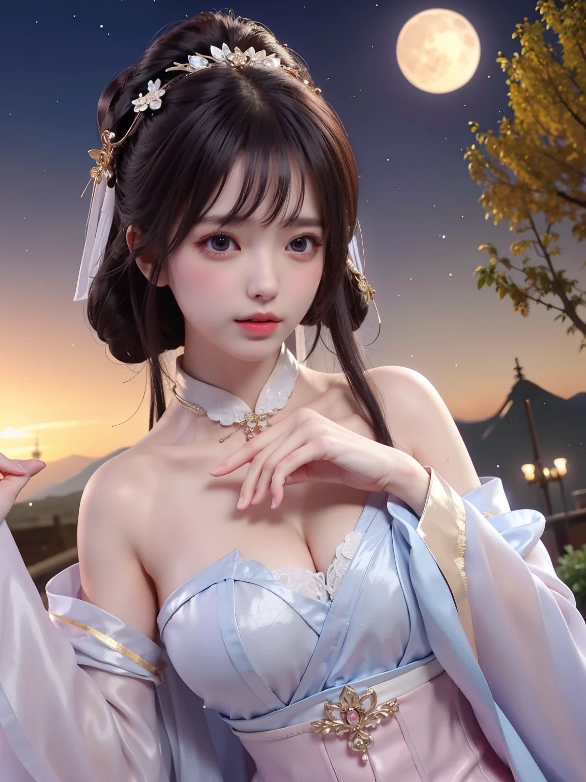 a princess 8 yeald old cute Hanfu dynasty open V-chested clothes royal, All pictures, Wet body of thin silk fabric, Thin silk lace ,princess 8 yeald old cute, (huge ,cleavage),petticoat, white pink, blue ,best qualtiy,tmasterpiece,Ultra-high resolution,(Reality:1.4),RAW photogr,(True skin texture:1.3),(filmgrain:1.3),(Selfie angle),1个Giant Breast Girl,Beautiful eye and face details,tmasterpiece,Best quality at best,exposing thighigchest,The chest more exposed, detailed hair,above looking down facing at camera,short dressPrincess Eyes,Super big eyes,Detailed face,shiny pupils, dress pink (a garden,moon palace,)