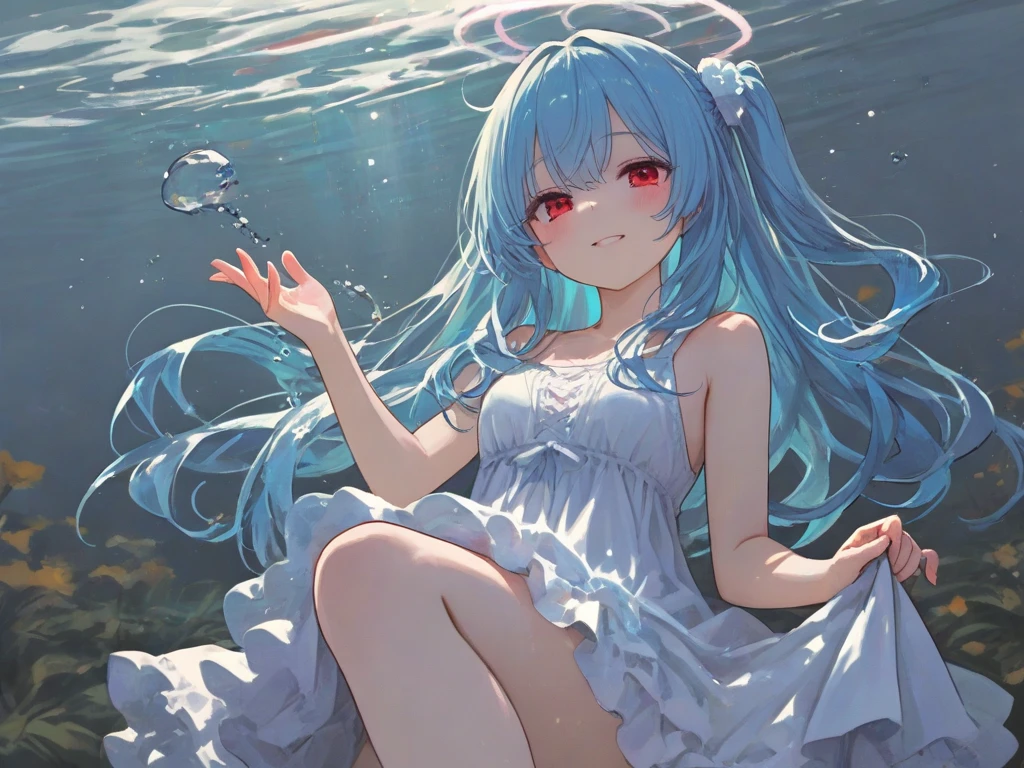 ((like vtuber)) ((high quality)) ((HD)) cute jellyfish girl with long and blue hair use short dress and there are big jellyfish around with her under water