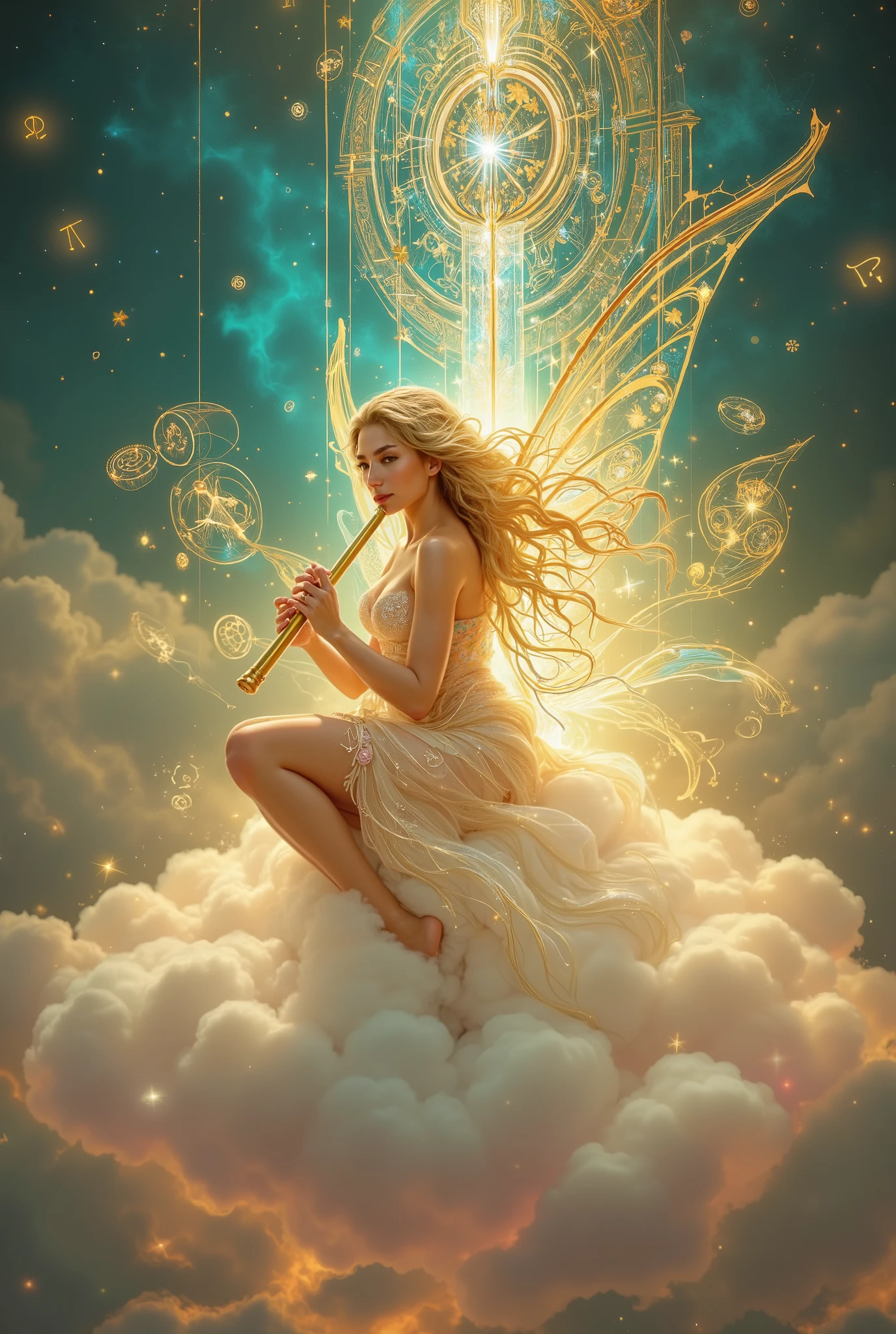 Gibraltar, a complex pattern of gold and iron, shimmers with incredible iridescence, hovers in the center of the composition. around him, like lightning, magical runes whirl, painted out sparkling, fiery light. On a small, fluffy cloud, as if from cotton candy, sits a beautiful fairy with wings, like opal ones butterflies. Her ivory skin, hair — a waterfall made of liquid gold, falling on her shoulders. she is 20-25 years old, eyes — sky blue, full of calm and magic. She plays an elegant flute from polished rose quartz, extracting a melody, which, like flowing light, shimmers into the mystical stone, расположенный у подножия Gibraltarа. The fairy outfit — light, flowing, like rain from petals, emerald fabric, decorated with embroidery of pale pink and silver threads. The fairy pose is graceful, hands smoothly lead the melody, body slightly leaned forward, is like she's fascinated by her own. Muted light , soft, creates an atmosphere of magic. Warm tones: golden , Emerald, pink, game interspersed with cold blue light from the runes. fantasy style , 8k resolution, . The highest quality detail, perspective — slightly below, акцент на фее и Gibraltarе. The focus on the play of light and shadow, подчеркивая текстуру металла Gibraltarа и нежность ткани платья феи. The atmosphere is fabulous, mesmerizing, full of magic and tranquility.