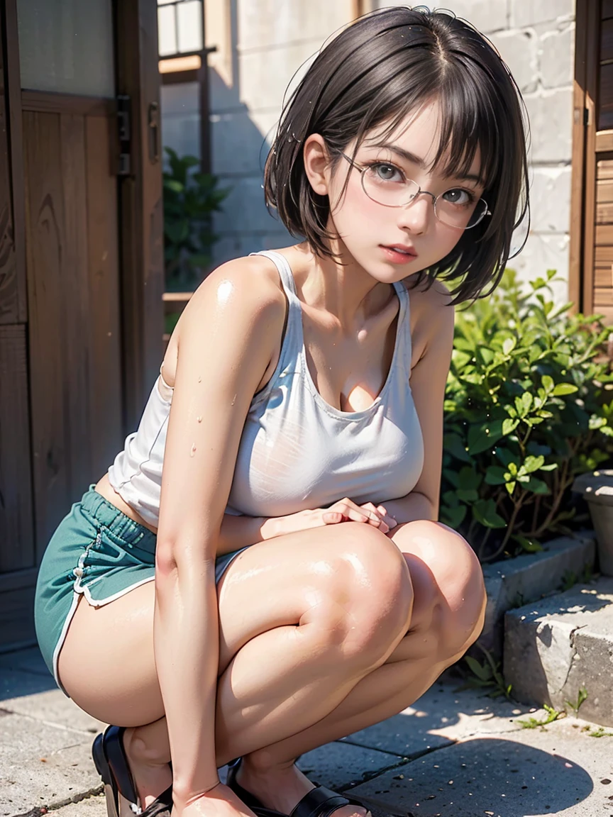 1girll, 独奏, White polo shirt, White sneakers, tennis wear, white mini-skirt, tmasterpiece, Best quality at best, realisticlying, ultra - detailed, (shiny skins, perspired:1.4), absurderes, looking at viewert, with short black hair, with brown eye,slenderness,Dynamic light and shadow,A high resolution,Sharp focus,depth of fields,The eyes are delicate,Sharp pupils,pupil realistic,(smallunderboob:1.6),(Thigh thick:1.0),exteriors,Skysky，wetclothes，Full body photo，frontal photos