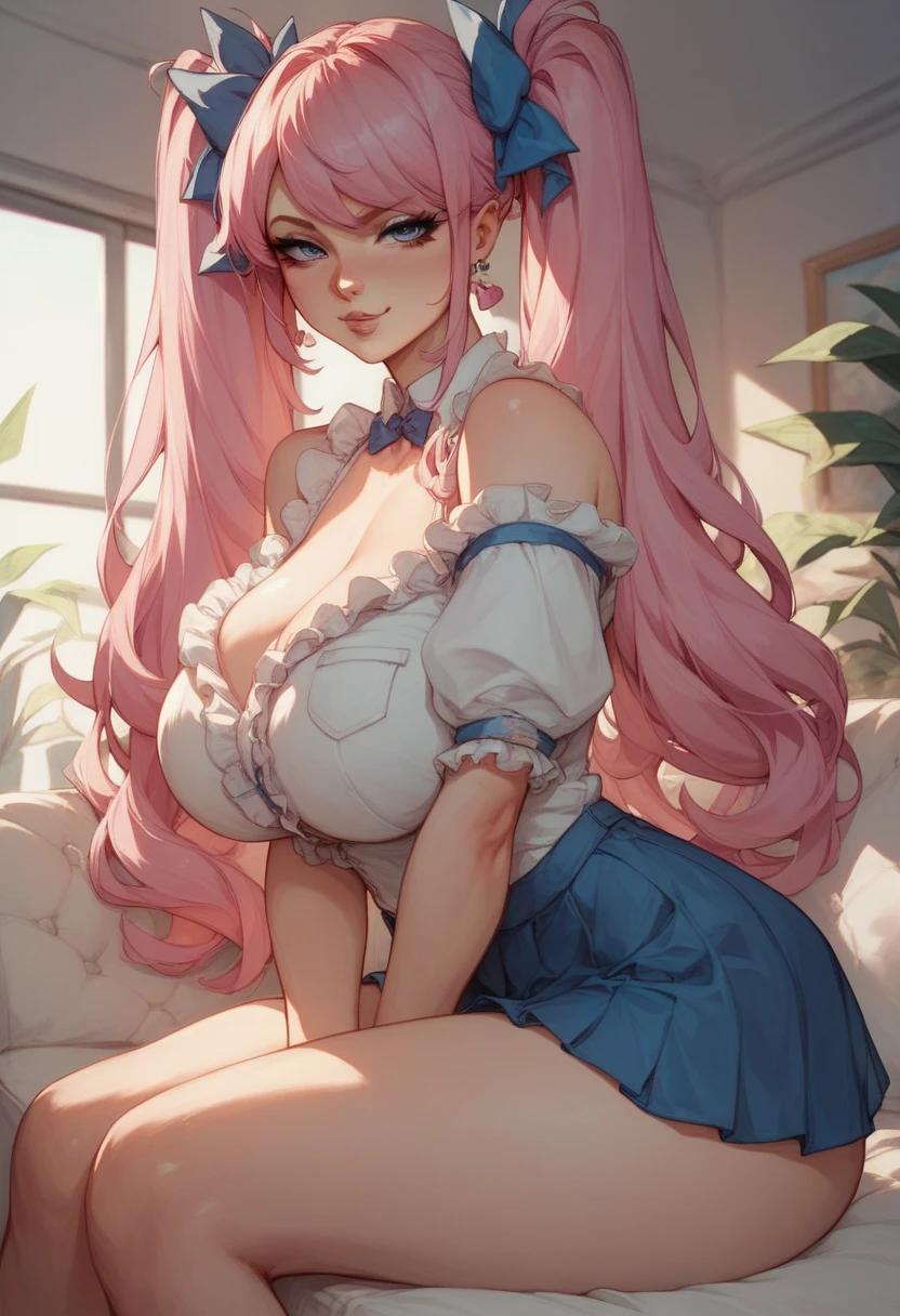 masterpiece, best quality, half body, woman, 22 years old, (curvy:0.6), long pink hair, parted bangs, blue eyes, (huge breasts), cleavage, (skindentation:0.8), raised eyebrows, blush, troubled face, light blue short dress, bare legs, bare arms, simple background