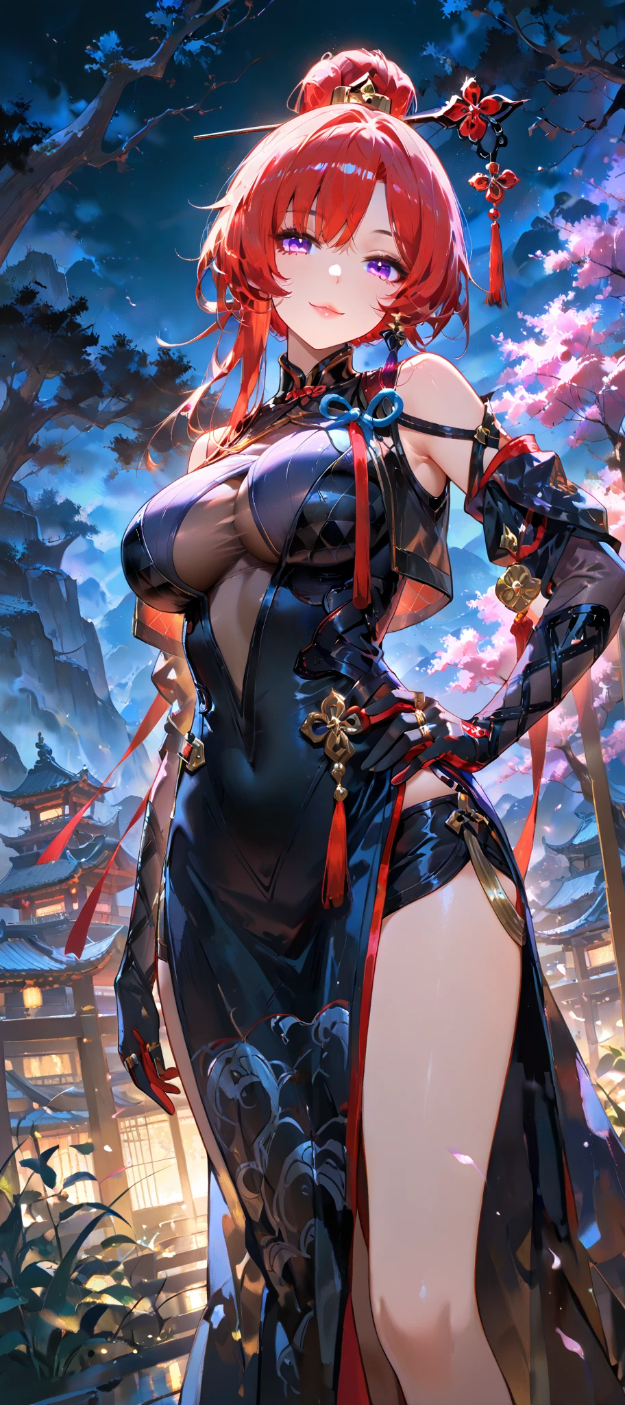 8k_wallpaper, extremely detailed eyes, extremely detailed body, (large masterpiece digital art), (detailed manga illustration), (detailed line art), ((perfect anatomy)), (intricate details:1.3), (ultra-detailed:1.3), (illustration:1.3), (sharp focus:1.3), (natural lighting:1.05), (vivid colors:1.3), (masterpiece), best quality, expressive eyes, perfect face, 1 girl, breasts, cleavage, gloves, large breasts, sarashi, traditional clothes, cerulean clothes, black hair, short hair, messy hair, dark brown eyes, hourglass physique, loose-fitting pants, dynamic pose, large ass, pale skin, shrine maiden, tomboy, combat boots