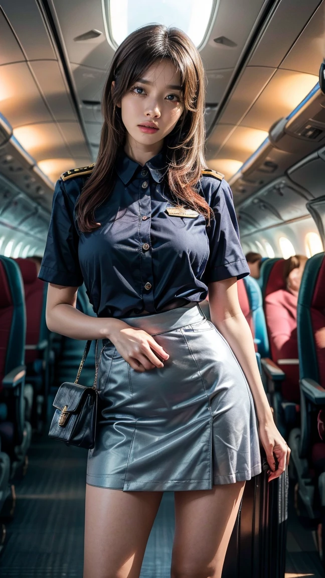 Slender Asian girl, kpop idol, ((stewardess)), ((top quality, 8k, masterpiece: 1.3)), crisp focus: 1.2, beautiful woman with perfect figure: 1.4, highly detailed face and skin texture, detailed eyes, ((skinny)), beautiful face, symmetrical face, full-length, sexy