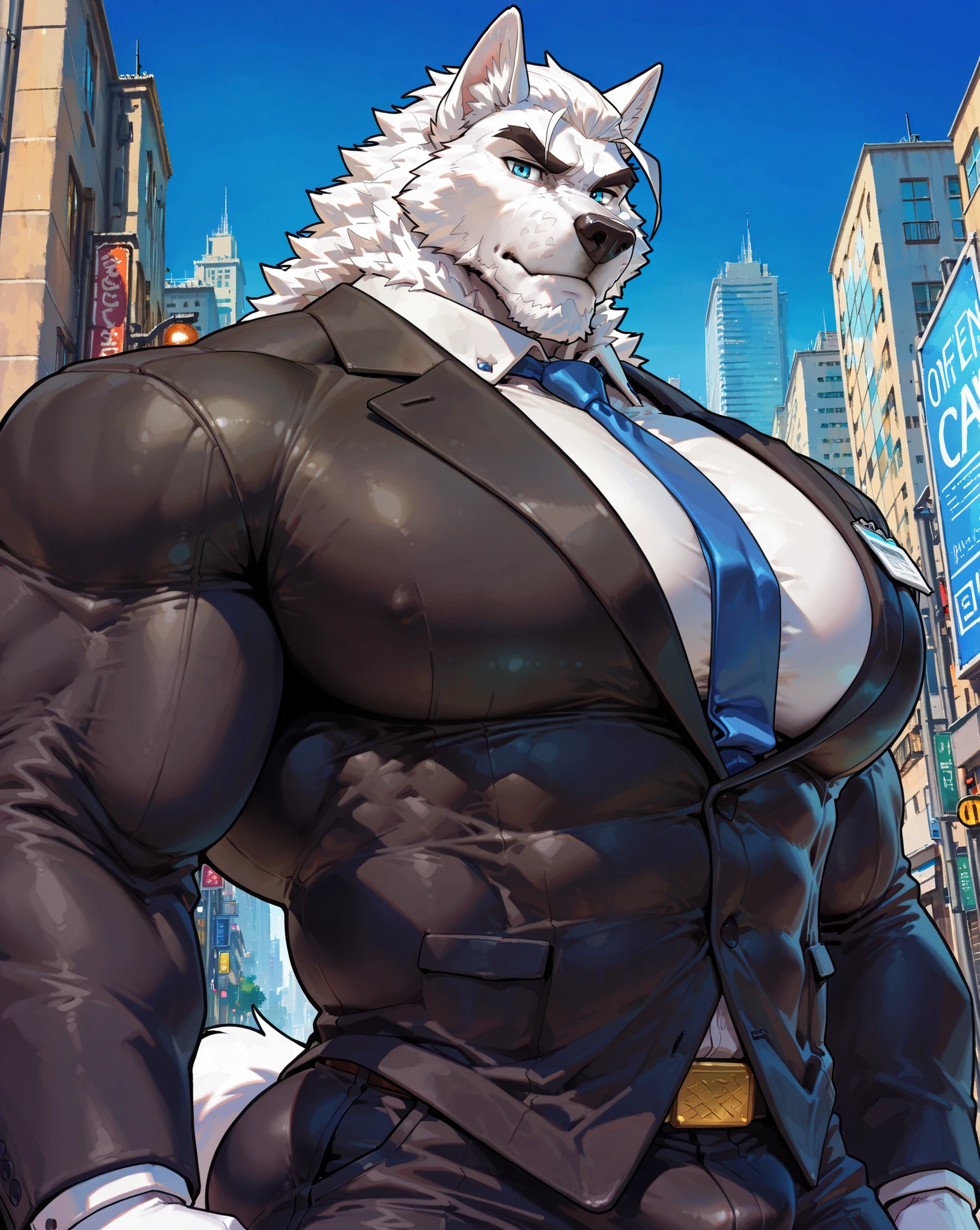 masterpiece, best quality, amazing quality, correct anatomy, absurdres, intricate details, high resolution, hyper-detailed, 1male, ((solo)), male,
((wolf)), white fur, blue eyes, short white beard,
((massive size difference)), ((10 feet tall)), muscle, massive, big muscle, ((massive muscle)), dominant, rough, abs, eight pack, pecs, (wide shoulder, wide pec, massive pec muscle thick arms), mature, rugged, old male, permanent scowl,
upper body, white shirt, (black business suit), bulge, seductive smile, city, ((closed mouth)), blue necktie,