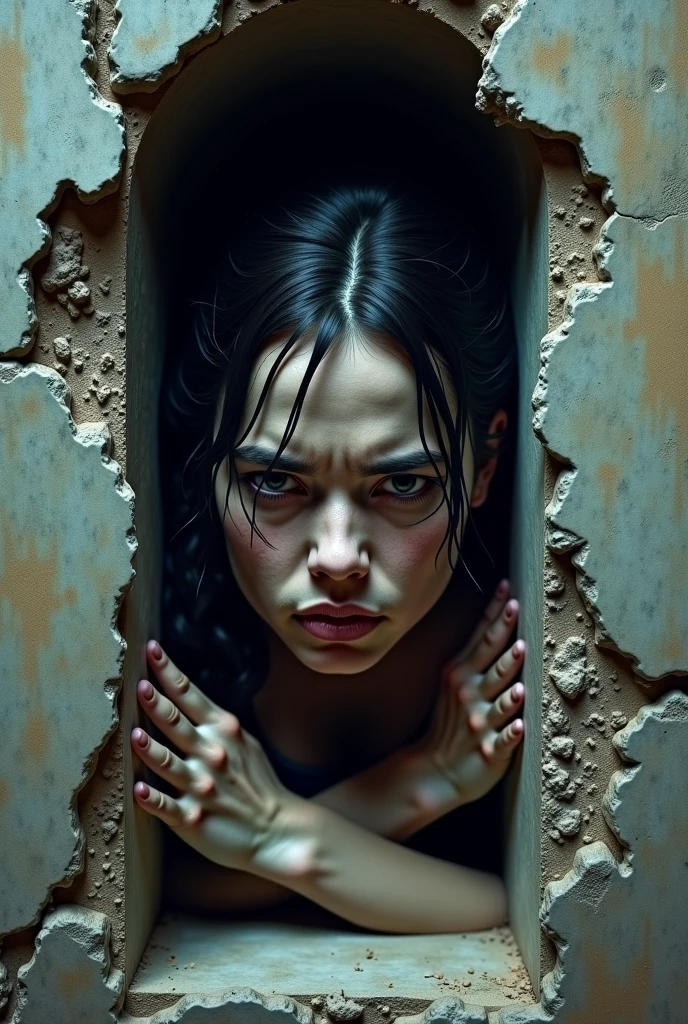 Image of a woman trying to get out of a painting with her head and one arm