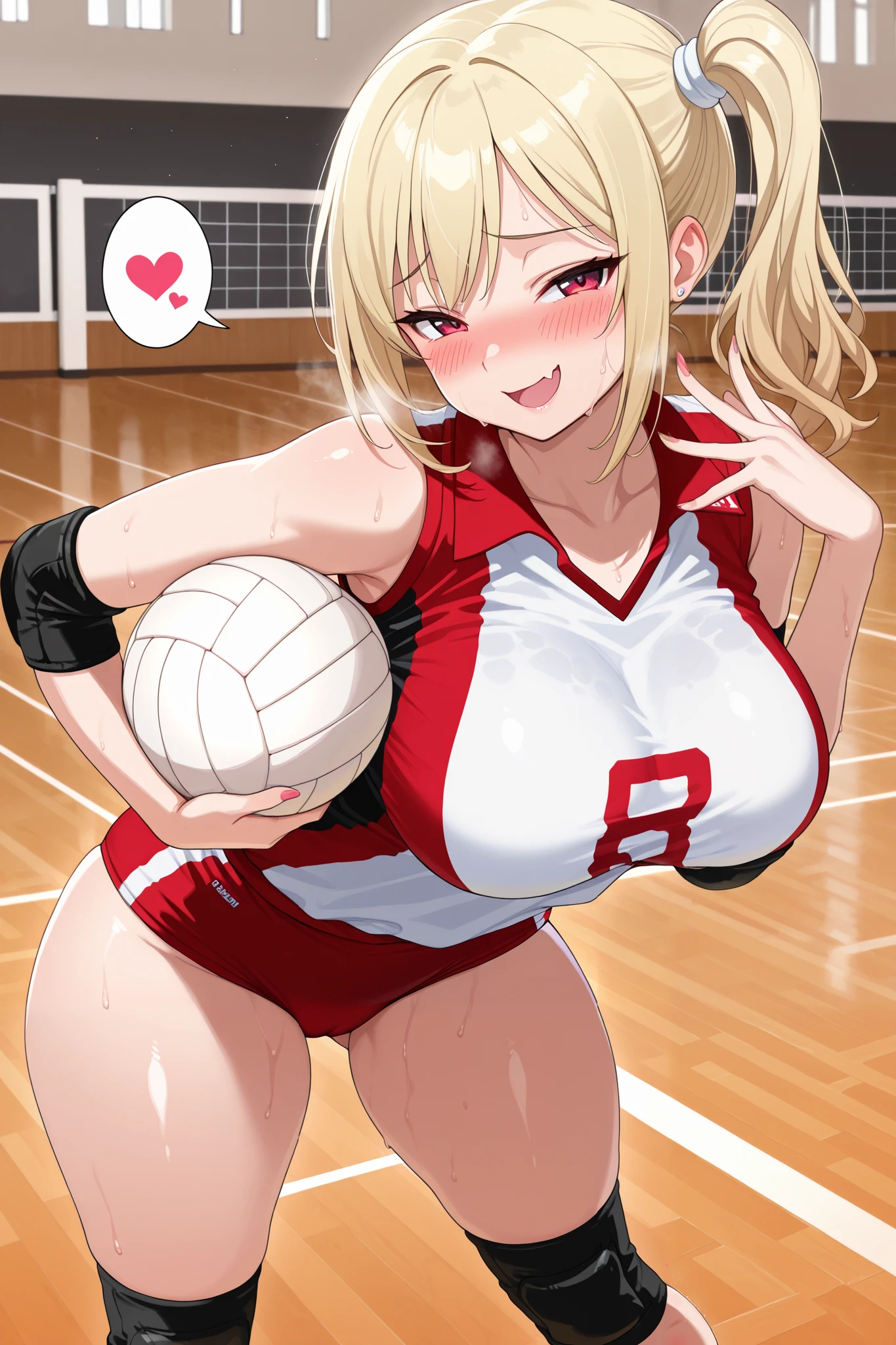 unity 8k wallpaper, anatomically correct, (((masterpiece))), (((best quality))), (((ultra detailed))), (((high-resolution))), ((super fine illustration)), ((Ultimate cutie)), perfect hands, perfect finger, (((good anatomy))), detailed beautiful face, shiny hair, (((gyaru))), (potbelly), (curvy), medium breasts, ((Thick thighs)), (((solo))), ((seductive smile)), (((blush))), (half open mouth),
BREAK, (((sit astride the perfectly spherical shape 6-inch volleyball))), (((Straddling a perfectly spherical 6" volleyball))), (((Perfectly spherical 6" volleyball fits perfectly crotch))), BREAK, (((Rub the Perfectly spherical 6" volleyball against crotch))),
BREAK, (Collared volleyball uniforms), sleeveless, ((buruma)), ((kneepad)), pussy juice stained, (elbow pad), (((sweat))), (((covered in sweat))), ((deep breathing)), in Volleyball Court, indoor, lighting, looking at viewer, full body, (spoken heart)