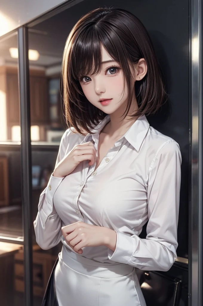 (event companion:1.5, midtown street background:1.5, standing on turn-table:1.5), photo realistic, anime style, (8k, RAW photo, best quality, masterpiece:1.2), High detail RAW color photo, professional photograph, cowboy shot, (realistic, photo realistic:1.37),cinematic light, (finery detailed face:1.2), cowboy shot, thigh 1 girl in bath, 28-38 years old, very cute, very beautiful, photo realistic, event companion, BREAK, white oily skin, real human skin, (detailed face), oval face, pores, round eyes:1.0, ultra high res, BREAK, slim, (medium-large-breast:1.37, cleavage:1.37), (looking straight at viewer with a serene and goddess-like happiness:1.2), (lifter gloss, eyelashes, gloss-face, best quality, ultra highres, Broad lighting, natural shading), (beautiful thin short hair, wavy pony-tail hair style:1.5, shiny-black hair:1.5), BREAK, (event companion uniform:1.3, white collared shirt;1.3, black high-waist pencil-long-skirt:1.3), BREAK, ((show case:1.5, standing in the street1.5)), ((from below:1.3, show girl posing1.5)), blurry background, bokeh, depth of field, cowboy shot:1.3, centered image,