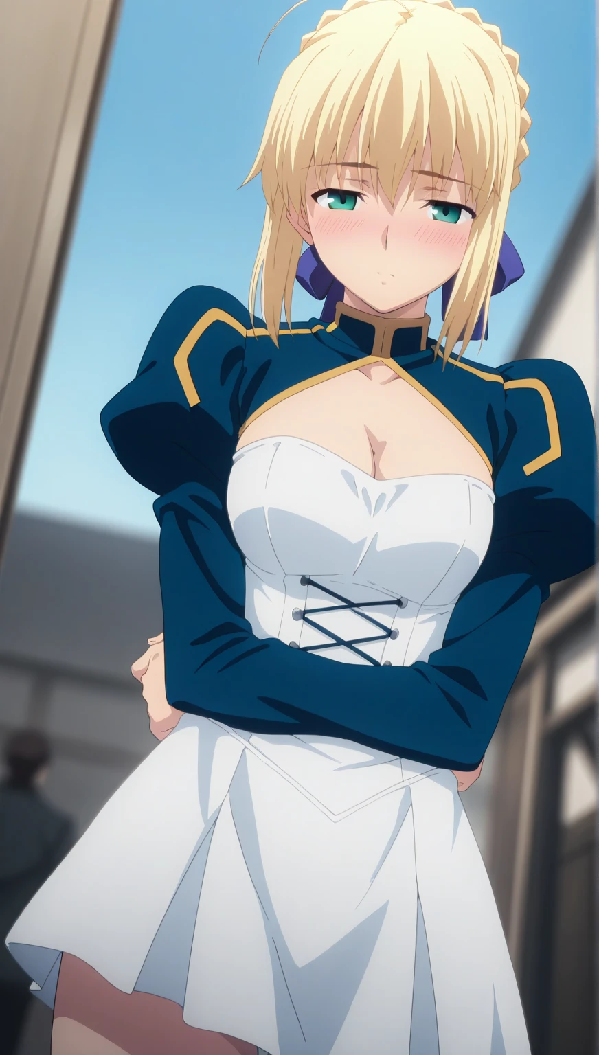 best quality, masterpiece, highres, ray_tracing_graphic, solo, adult_female, {saber_fatestaynightufotable:1.15}, blonde_hair, little_ahoge, green_eyes, blue_ribbon, 1girl, anime_coloring, upper_body, happy, little_smile, five_fingers, blush, shapewear, large_breasts, from_the_front, in_the_bedroom, night_time