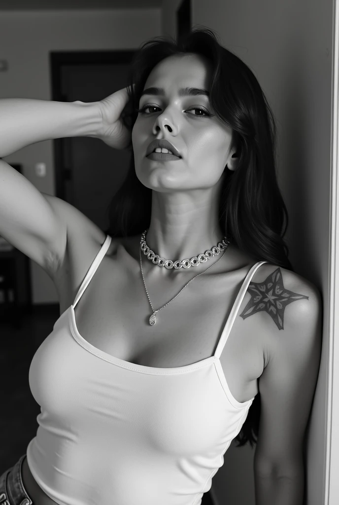 Tattooed lesbian woman with Mika necklace