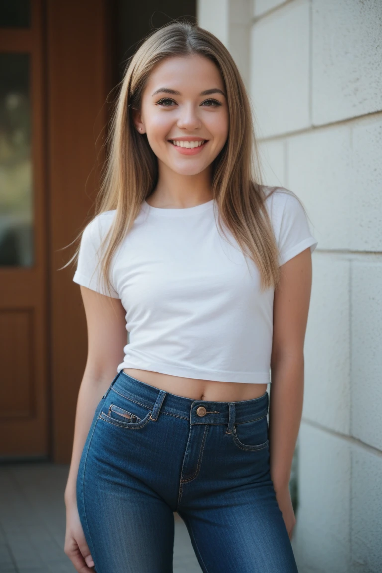 pleasant young girl, smiling and attractive, blonde, blond hair, wearing any outfit, photo from the waist up