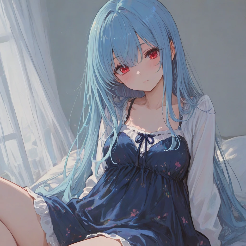 best quality, masterpiece, 1girl, red eyes, tied light blue hair, aesthetic, artistic, sitting on bed, white,nightdress