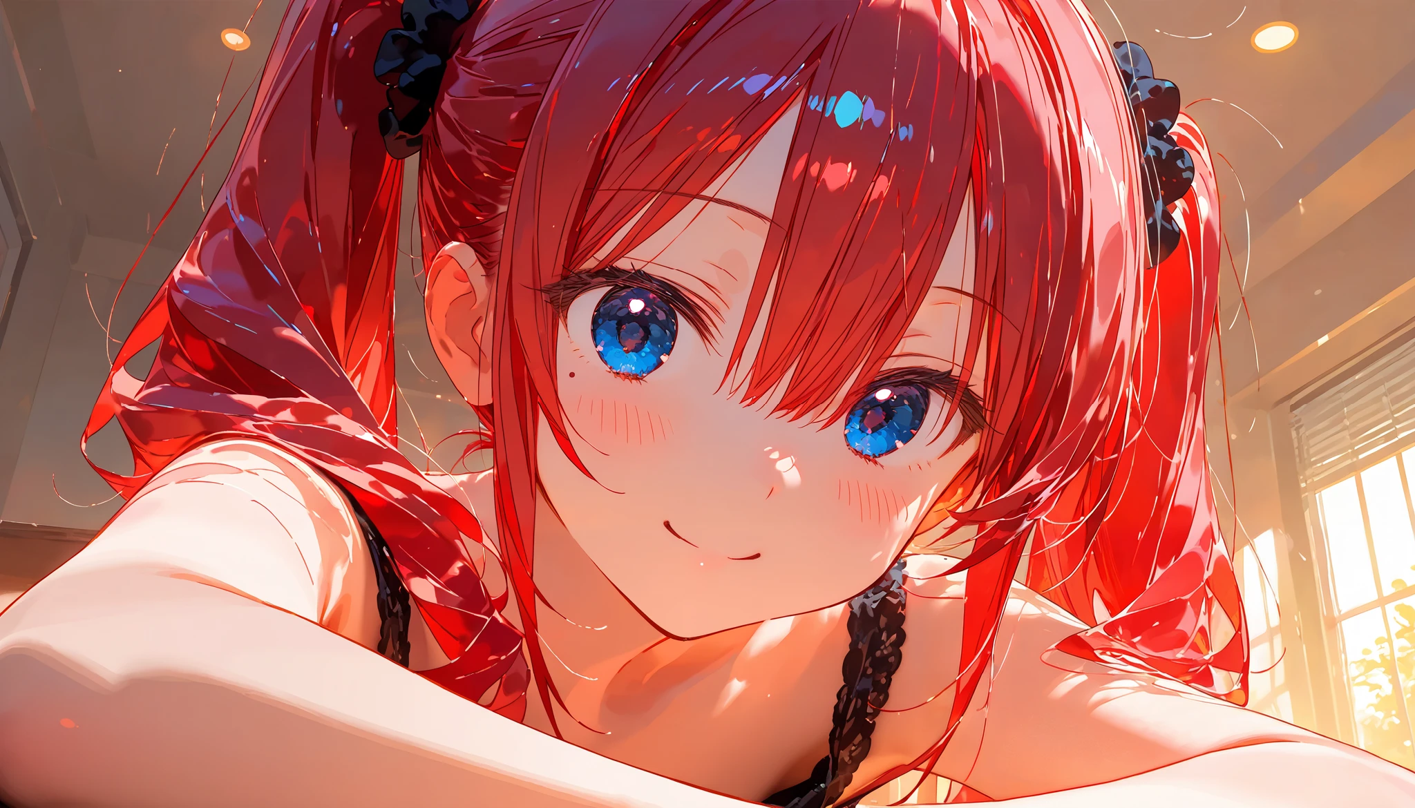 masterpiece , best quality, 1girl, high twintails, short twintails, round eyes, black scrunchie, bangs, hair between eyes, red hair, blue eyes eyes, mole under left eye, , Parker, looking at viewer, smiling, in the room, hyper detailed, anime, (hard-edged:1.4), golden ratio, highly saturated colors, upper body, , making a peace sign