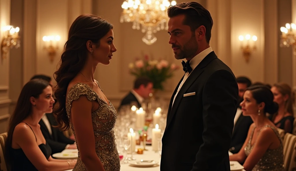 Women curvy hourglass body,in royal gathering, wearing bardot dress, muscular man wearing black suit