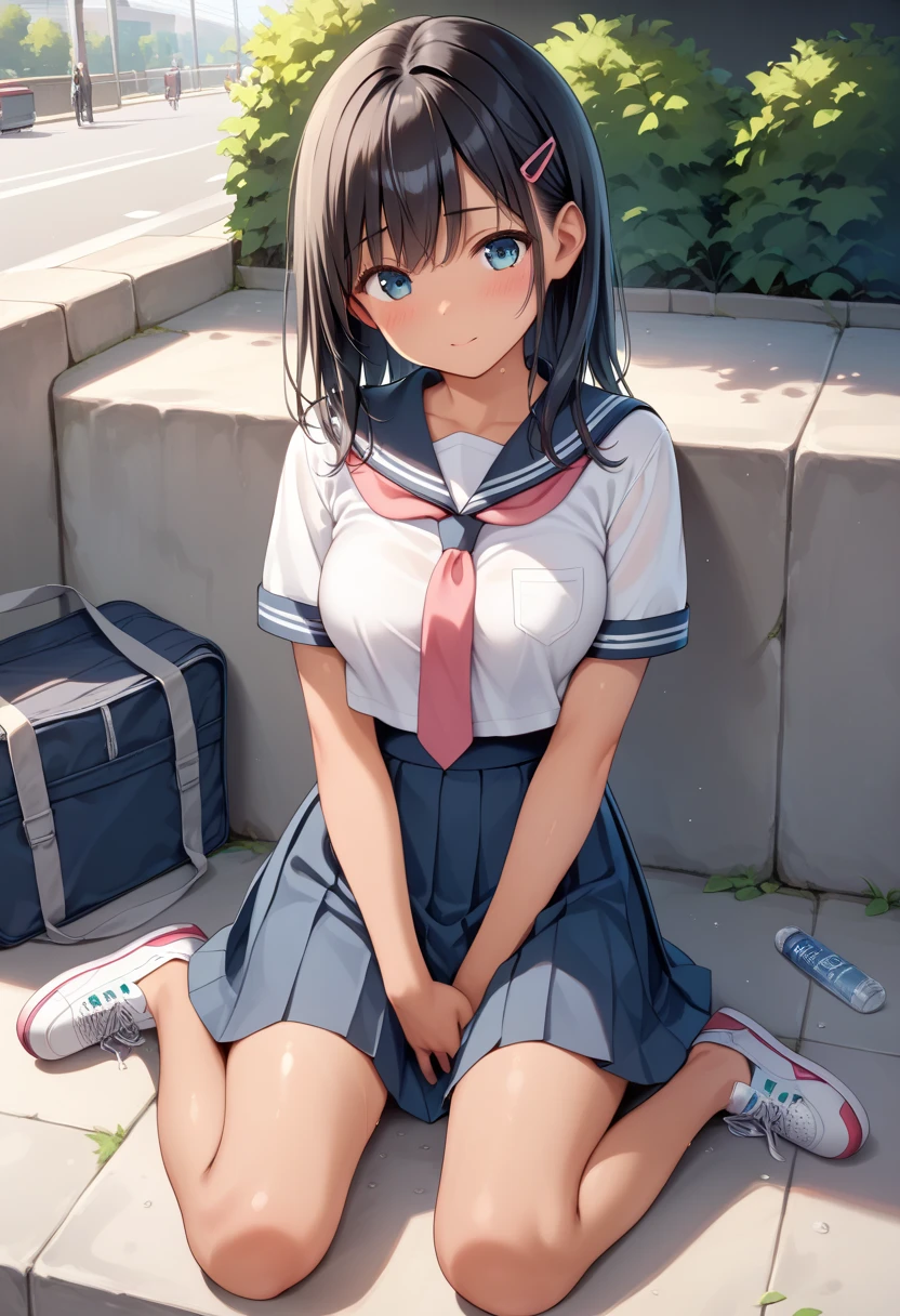 One 17 years old girl,ponytail hair,black hair,high ,grin,socks,pamps
