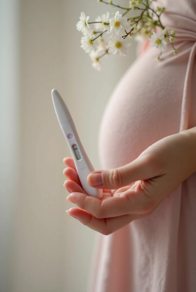 Create a positive pregnancy test photo without showing the person&#39;s face, only the person&#39;s hand showing the test on the leg, the woman is wearing sleeping shorts

