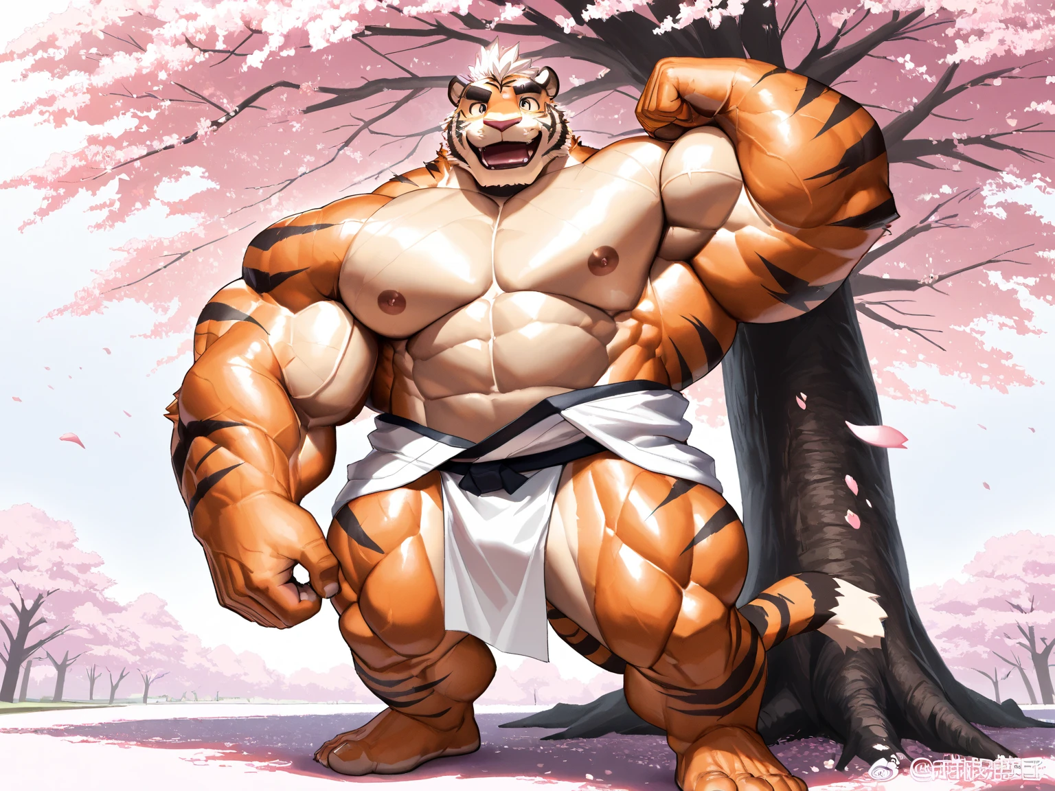 1boys, Solo, Muscular old man (Confident furry white-haired saber-toothed tiger), huge muscle, Short hair, Wearing a karate uniform, (Movie rain visual effects background), Dark background, Wet