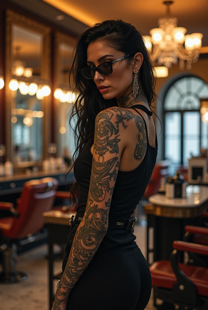 neck Tattoo, from up, bar, pub, detailed background, by Raphael, best quality, masterpiece, very aesthetic, perfect composition, intricate details, ultra-detailed